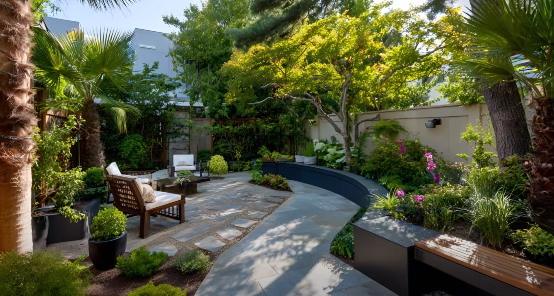 Elegant backyard landscape with modern pool area and tropical landscaping design