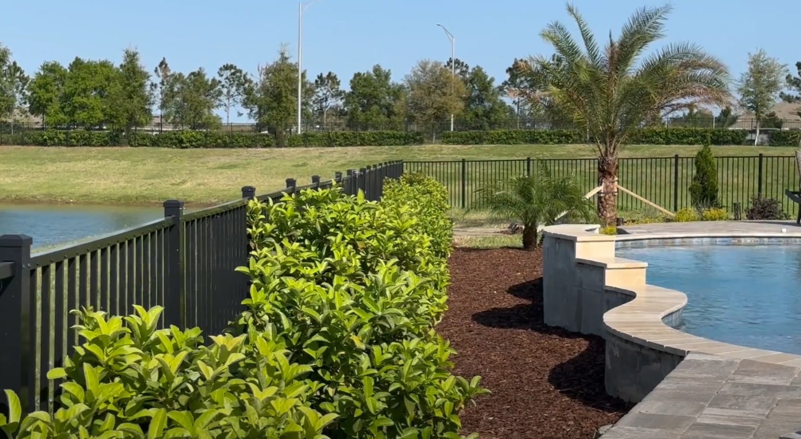 Waterfront property landscaping with pool area, palm trees, and professional plant care