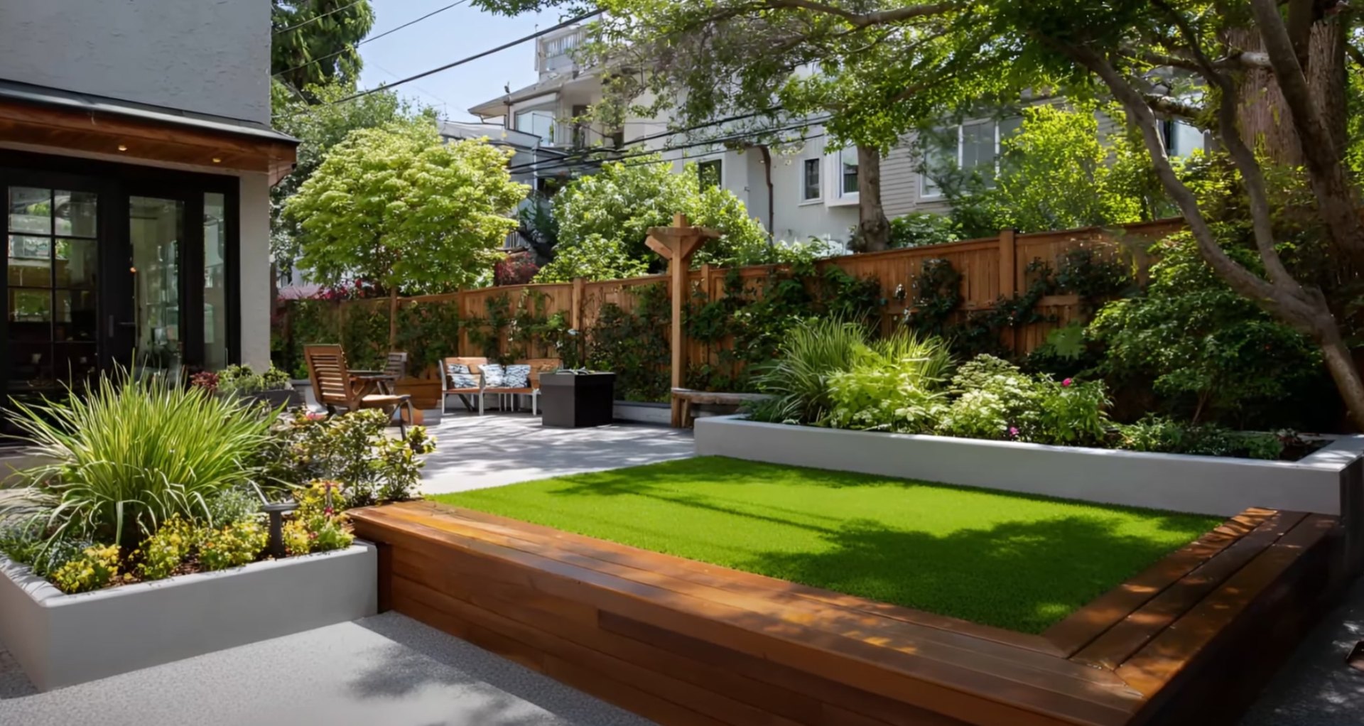 Contemporary backyard design with raised garden beds, perfect lawn, and modern outdoor seating