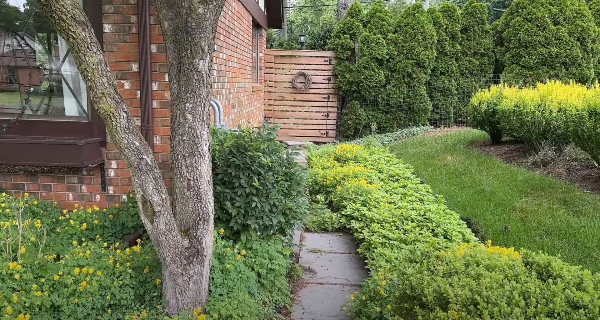Residential front yard landscaping with colorful plantings, curved walkway, and mature trees